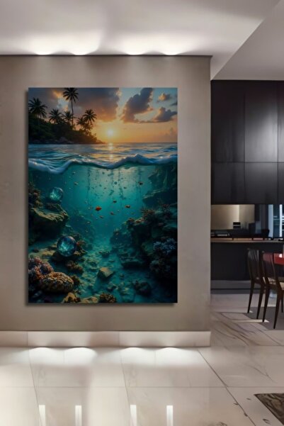 Teona Ahşap Τροπικό Υποθαλάσσιο Ηλιοβασίλεμα, Ελαιογραφία με εφέ ξύλου, Διακο...