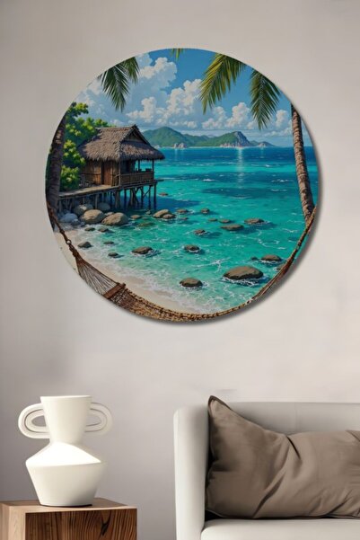 Teona Ahşap Στρογγυλό Ξύλινο Διακοσμητικό Τραπέζι με Ακουαρέλα Απομίμηση Παρα...