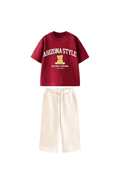 Mother Choise Girls' Burgundy Color T-Shirt with Beige Pants Set