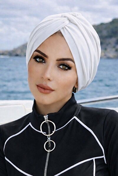 Aişe tesettür Λευκό Μοντέλο Στριφτού Σχεδιασμού Έτοιμο Θαλάσσιο - Καπέλο Πισίνας