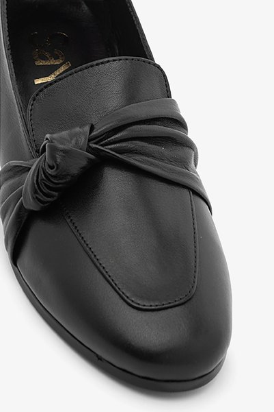 SAYL Black Genuine Leather Women's Ballerinas with Knot Detail