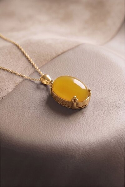 Takıdepo Minimalist Oval Tasarım Sarı Akik Taşlı Kadın Gümüş Kolye-Altın Rengi