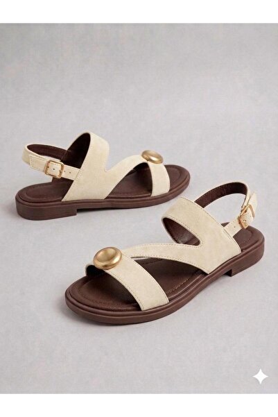 MAYA SHOES Kadın Sandalet Tokalı Gold Aksesuarlı Rahat Yazlık Sandalet