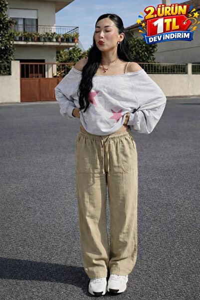 DAMGA JEANS Γυναικείο λινό παντελόνι σε μπεζ χρώμα με ελαστική μέση και φαρδι...