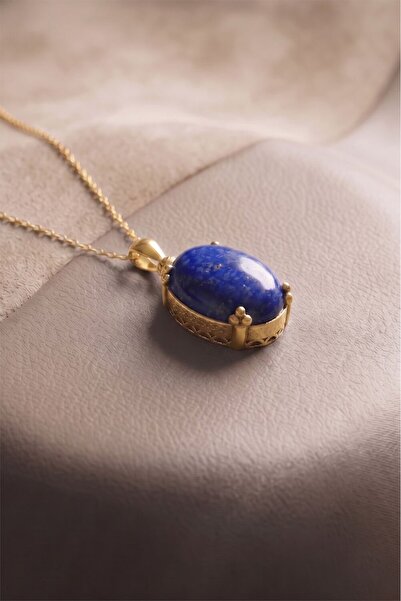 Takıdepo Minimalist Oval Tasarım Lapis Lazuli Taşlı Kadın Gümüş Kolye-Altın R...