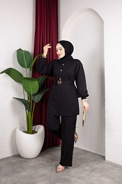 Weak Blue Belt-Detailed Hijab Double-Buttoned Tunic with Wide Legs, Stylish D...