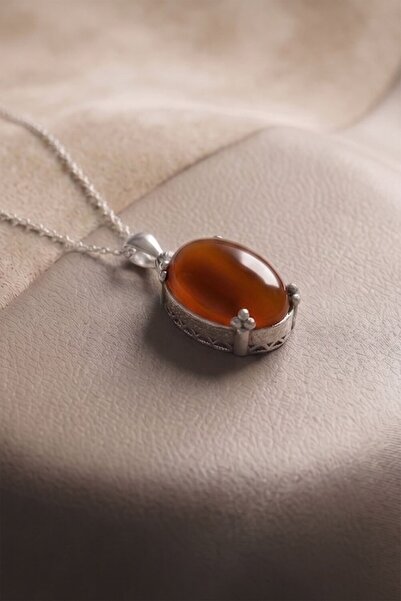 Takıdepo Minimalist Oval Tasarım Akik Taşlı Kadın Gümüş Kolye-Gümüş Rengi