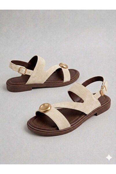 MAYA SHOES Kadın Sandalet Tokalı Gold Aksesuarlı Rahat Yazlık Sandalet