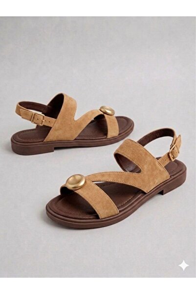 MAYA SHOES Kadın Sandalet Tokalı Gold Aksesuarlı Rahat Yazlık Sandalet