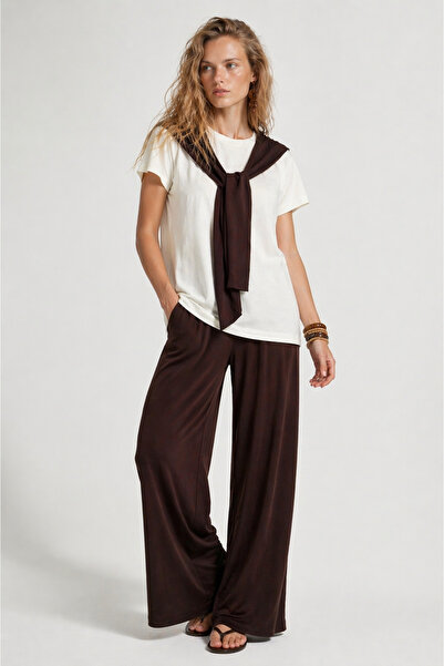Diviny Γυναικείο Σετ Παντελόνι και Μπλουζάκι σε Καφέ και Λευκό με Ριχτό Γιακά...