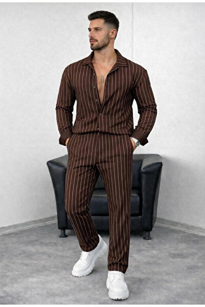 THANBUTİK 2-Piece Crepe Fabric Striped Shirt and Pants Set