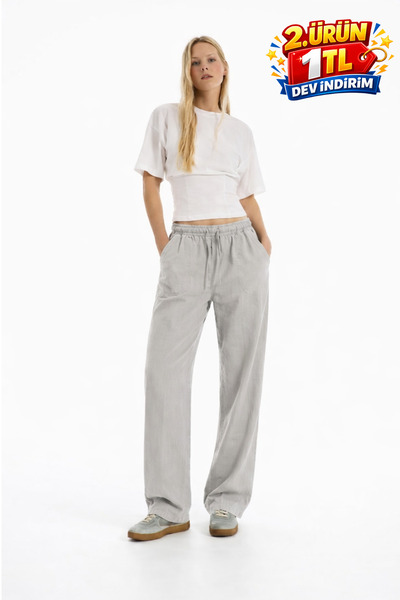 DAMGA JEANS Γυναικείο casual καλοκαιρινό παντελόνι από λινό σε γκρι χρώμα