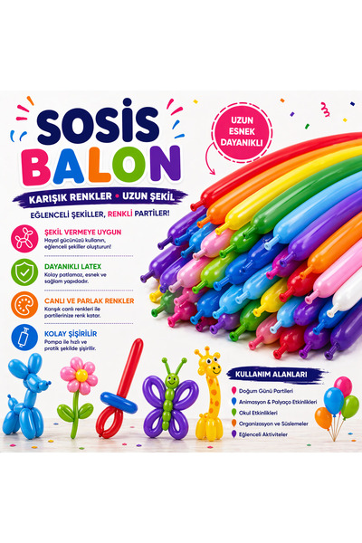 BALON DİYARI 40 Adet Sosis Balon Karışık Renk Uzun Şekilli Balon