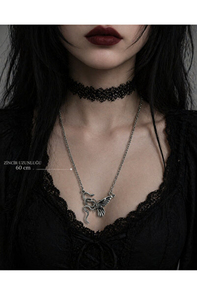 HER ŞEY NOTA www.herseynota.com Gotik Yılan Kanat Figürlü Gümüş Renk Unisex K...