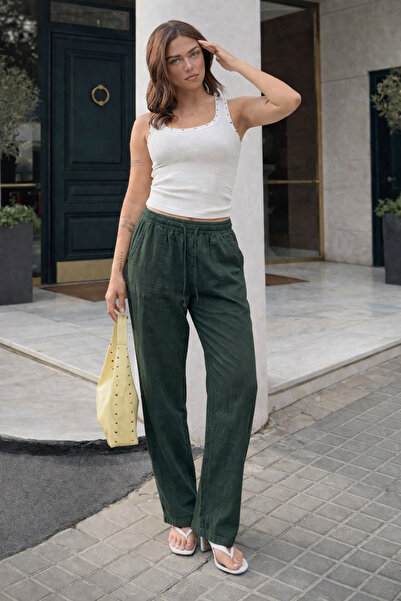 DAMGA JEANS Γυναικείο Παντελόνι Λινό Χακί Πολύ Φαρδύ Premium Trend