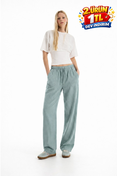 DAMGA JEANS Γυναικείο Φαρδύ Παντελόνι από Λινό σε Ανοιχτό Πράσινο, Καθημερινή...