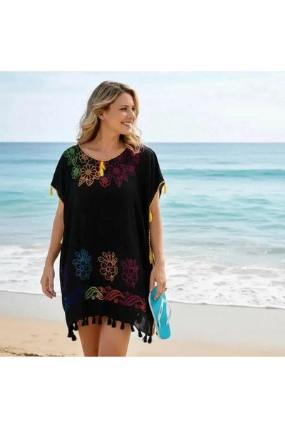 ELİTE NOVA SHOPPİNG Cotton Black Printed Pareo – Cotton Beach Dress with Loos...