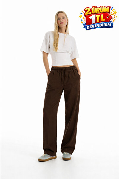 DAMGA JEANS Γυναικείο Χαλαρό Παντελόνι από Λινό σε Καφέ Απόχρωση για Καθημερι...