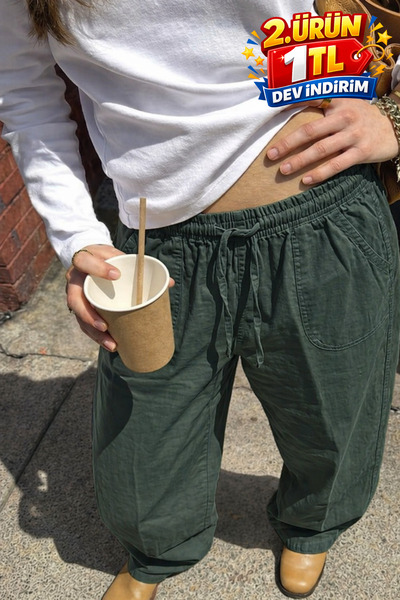 DAMGA JEANS Γυναικείο καλοκαιρινό φαρδύ λινό παντελόνι σε χρώμα Χακί Relax Fit