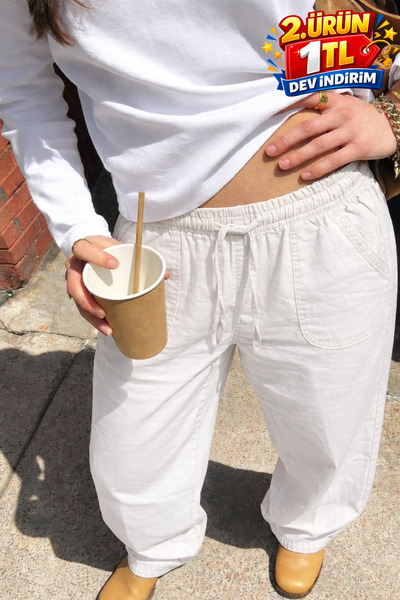 DAMGA JEANS Γυναικείο καλοκαιρινό φαρδύ λευκό λινό παντελόνι Relax Fit
