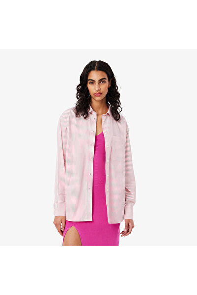 Lacoste Kadın Oversize Fit Çizgili Pembe Gömlek