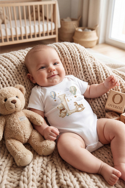 Overoz L Harfi Baskılı Bebek Body İsimli Bebek Zıbın Harfli Hediyelik Bebek Body