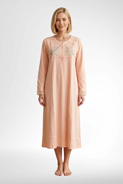 Mecit Pijama Mecit 6373 Somon Kadın %100 Pamuk Uzun Kollu Gecelik