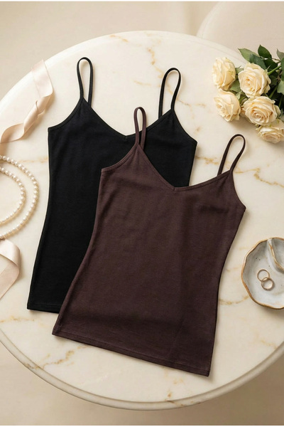 fevien Set of 2 Women's Cotton Modal Blend V-Neck Thin Strap Basic Undershirt...