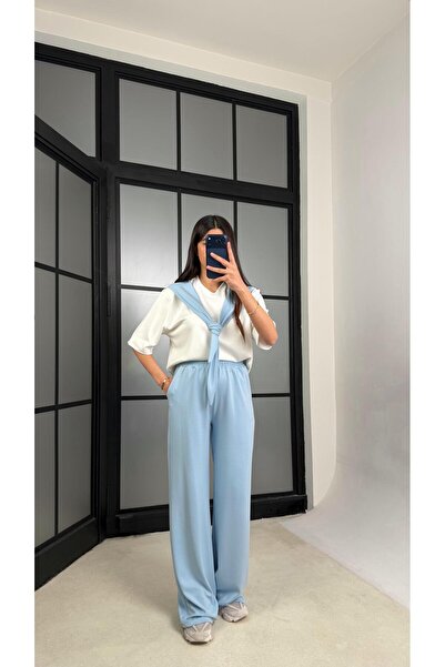 GAUS CO Blue Shawl Detailed Basic Tshirt Elastic Waist Pants Double Tracksuit...