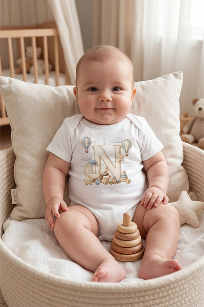 Overoz N Harfi Baskılı Bebek Body İsimli Bebek Zıbın Harfli Hediyelik Bebek Body