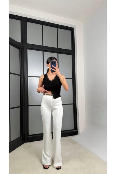 GAUS CO Ekru Örgü Kemerli Pantolon GAUS-01361