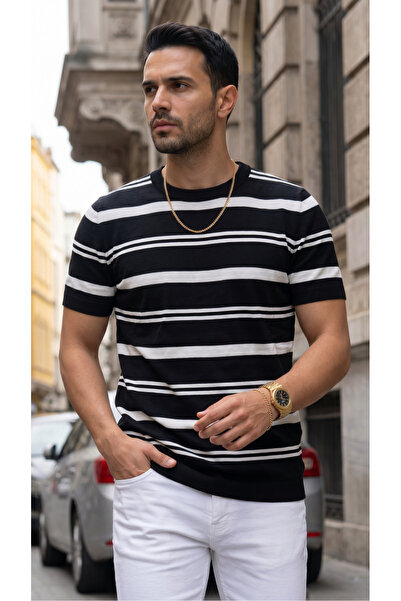 Teenage Millionaire Men's Thick Black and White Crew Neck Knitted Textured Pl...