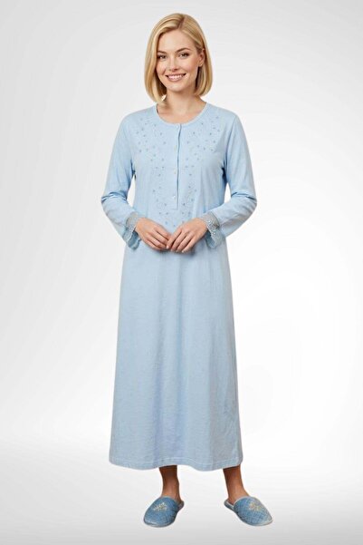 Mecit Pijama Mecit 6375 Mavi Kadın %100 Pamuk Uzun Kollu Gecelik