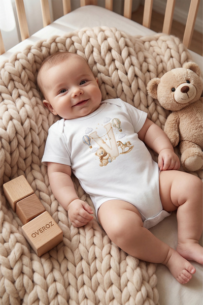 Overoz V Harfi Baskılı Bebek Body İsimli Bebek Zıbın Harfli Hediyelik Bebek Body