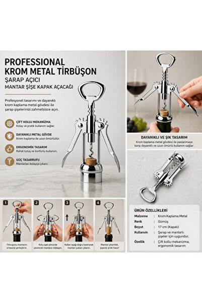 House Bird Professional Krom Metal Tirbuşon Şarap Açıcı Mantar Şişe Kapak Açıcı