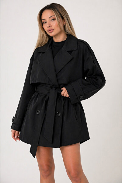 gm giyimarket Νέα σεζόν Γυναικεία κοντή καμπαρντίνα με λεπτομέρεια ζώνης, κου...