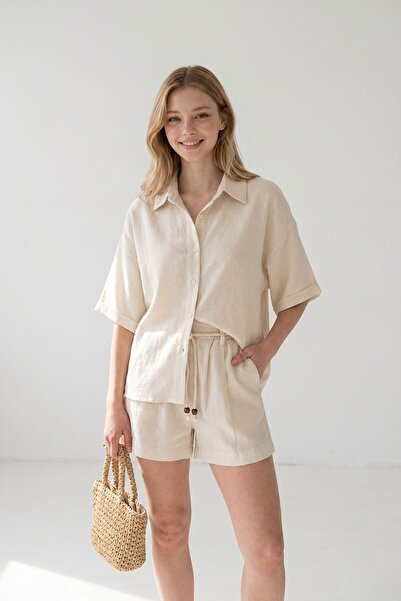 bacc Μπεζ Σορτς και Πουκάμισο Καλοκαιρινό Βαμβακερό Σετ