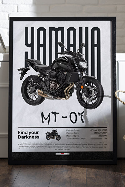 Duvarda Yamaha MT-07 Siyah Ahşap Çerçeveli Poster, Dekoratif Motosiklet Duvar...