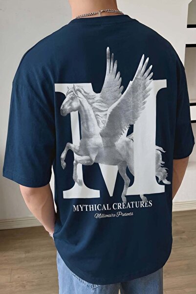 Erkek Mythical Pegasus Baskılı Lacivert Bisiklet Yaka Oversize Salaş Tişört