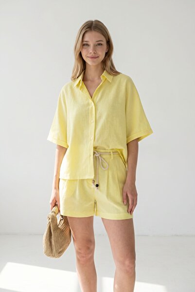 bacc Κίτρινο σορτς και πουκάμισο, καλοκαιρινό βαμβακερό σετ