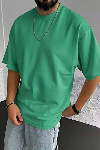 VACHT Men's Bntn Green Plain Basic Unprinted Oversize Casual T-Shirt