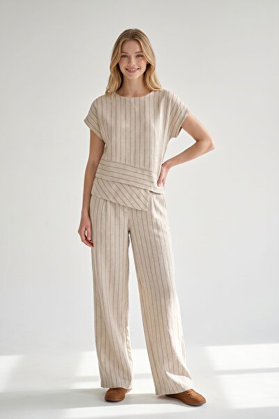 bacc Σετ άνω και κάτω μέρους από λινό ύφασμα Alaçatı σε καφέ χρώμα με ρίγες