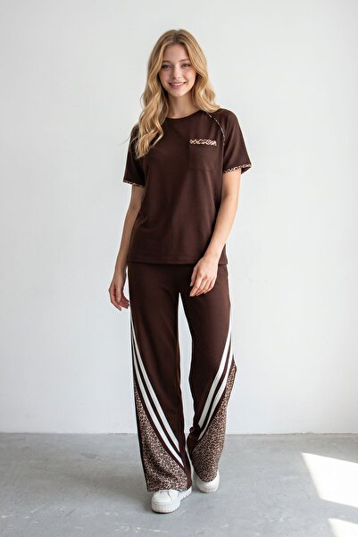 bacc Bitter Brown Leopard Embellished Modal Fabric Top and Bottom Set