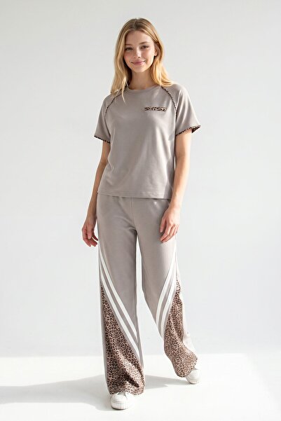 bacc Μπεζ Λεοπάρ Γαρνιρισμένο Σετ Άνω και Κάτω Μέρους από Ύφασμα Modal