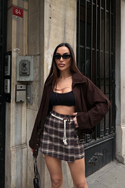 bacc Καφέ καρό μίνι φούστα με λεπτομέρεια ζώνης