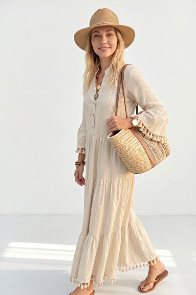 bacc Καλοκαιρινό φόρεμα Alaçatı από λινό με λεπτομέρεια από φούντες και μάξι ...