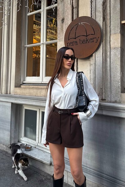 bacc Καφέ υφαντό σορτς με ψηλή μέση γραμμή και ζώνη