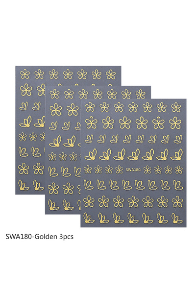 Choice SWA180-Golden 3 قطع ملصقات أظافر بتصميم زهور ذهبية وفضية مجوفة بتصميم ...
