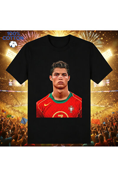 NO BRAND تي شيرت أسود بتصميم صورة كريستيانو رونالدو لفريق البرتغال الوطني، 10...