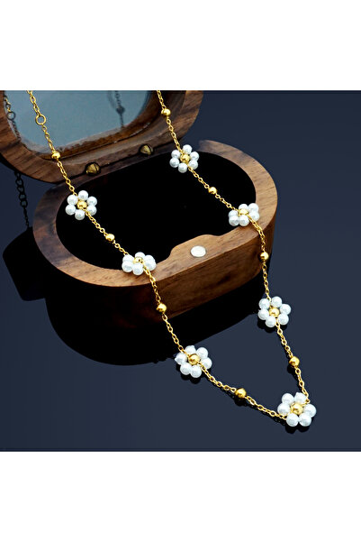 Choice1 45cm White Women's Colorful Petal Bead Necklace, Gold Stainless Steel...